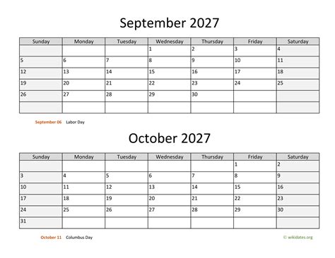 September And October 2027 Calendar