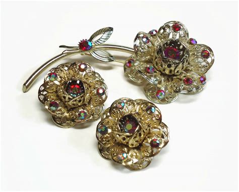Sarah Cov Brooch And Earring Gold Roses In Ab Crystal Swarovski Etsy
