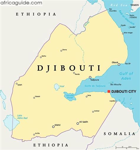 It is bordered by eritrea in the north, ethiopia in the west and south, and somalia in the southeast. Djibouti map with capital Djibouti City | Country information, Djibouti map, Djibouti