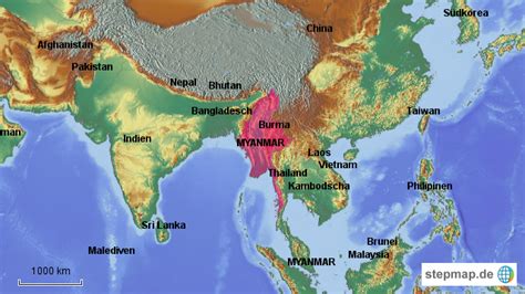 Map showing international and domestic airports in myanmar. StepMap - MYANMAR - Landkarte für Asien