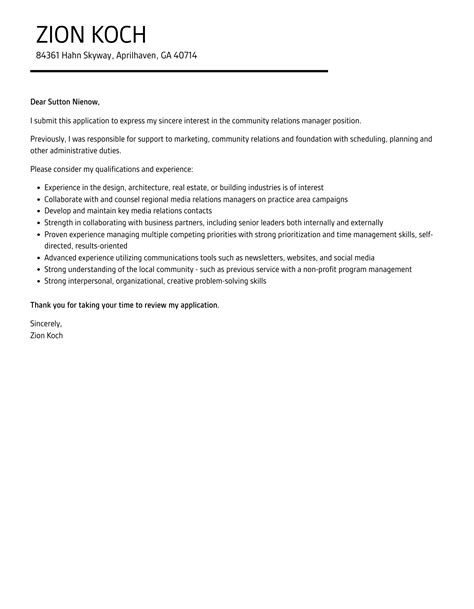 Community Relations Manager Cover Letter Velvet Jobs