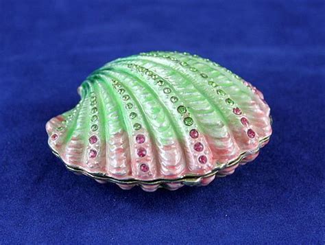 Enameled Pewter Bejeweled Clam Shell Trinket Box With Treasure Inside