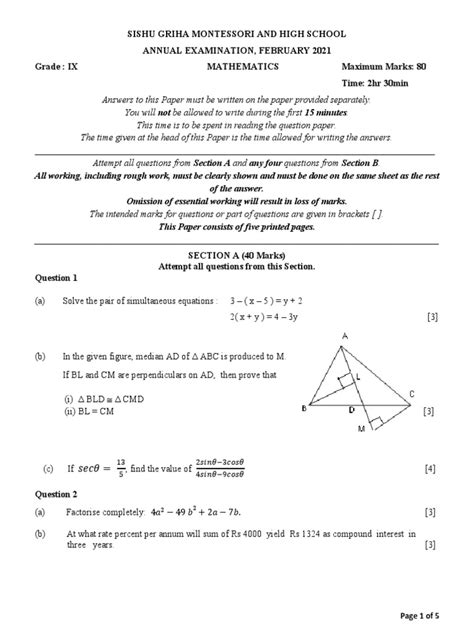 Annual Examination Grade 9 Maths Pdf Circle Triangle