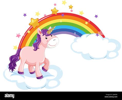 Pink Unicorn Standing On A Cloud With Rainbow Illustration Stock Vector