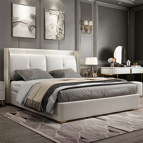 queen upholstered platform bed with faux leather wingback headboard in off white bedroom