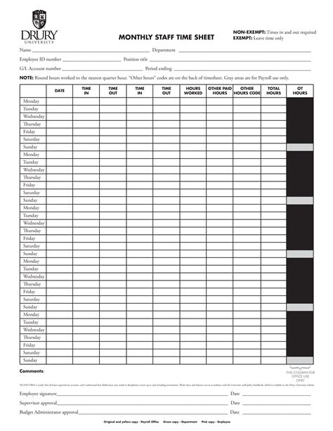 √ Free Printable Monthly Timesheet Pdf