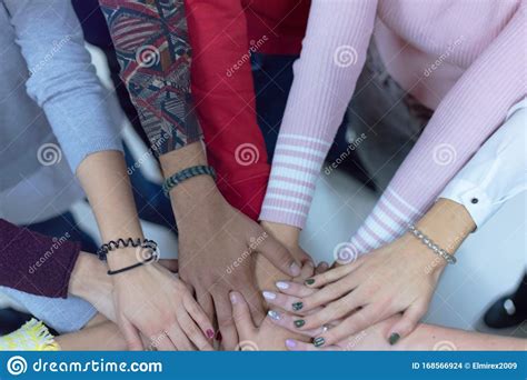 College Students Teamwork Stacking Hand Concept Close Up Of Young