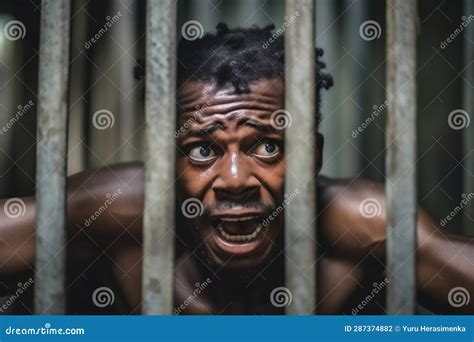 African American Man Stands Behind Prison Cell Bars And Looks At Camera