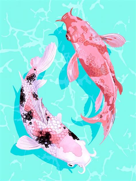 Two Japanese Koi Fish Swimming Wall Art Print And Poster Vector