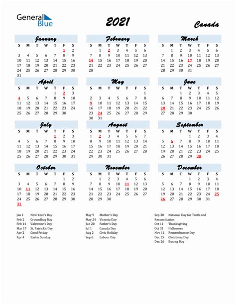 2021 Canada Calendar With Holidays