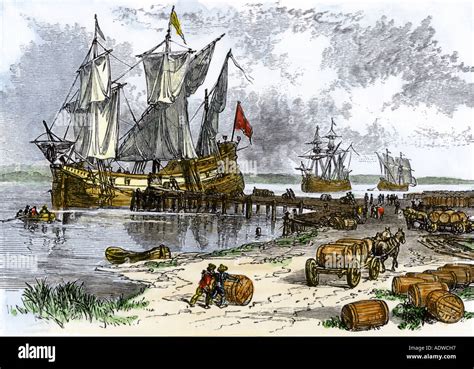 Sailing Ships Loading Tobacco At Jamestown In Virginia Colony 1600s