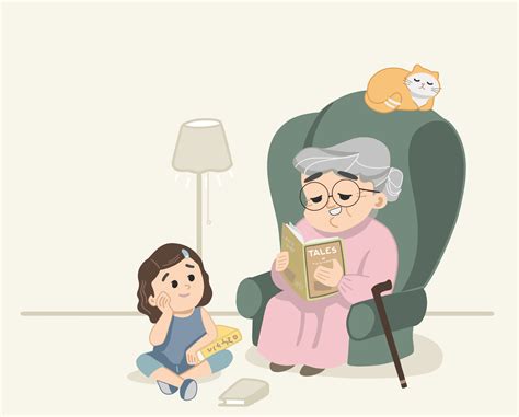 Granny Telling Tales And Reading Stories To Cute Granddaughter While Cat Sleeping On The Couch