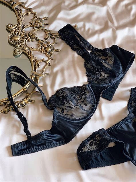 Silk Lingerie Set With Embroidered Lace Black Silk Lingerie Etsy