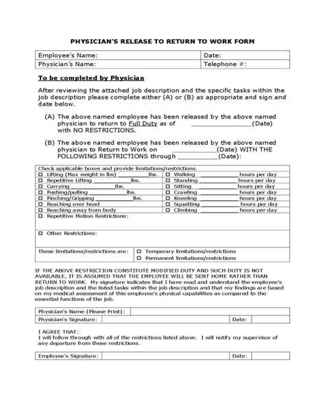 2022 Return To Work Medical Form Fillable Printable Pdf And Forms