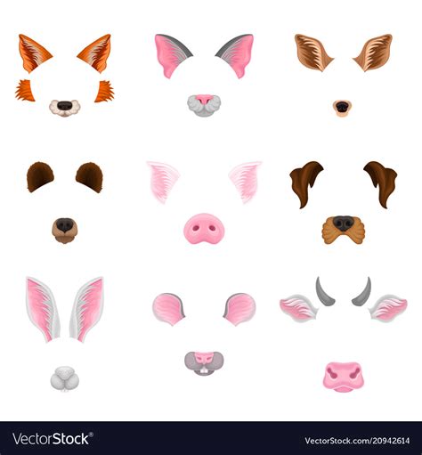 Flat Set Animal Faces Ears And Noses Royalty Free Vector
