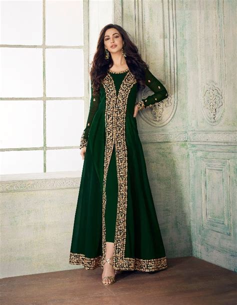 Beautiful Green Colored Partywear Embroidered Salwar Suit Indian Party Wear Indian Ethnic