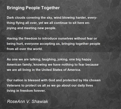 Bringing People Together Bringing People Together Poem By Roseann V