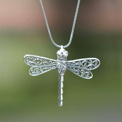 Unique Indonesian Sterling Silver Pendant Necklace Lucky Dragonfly