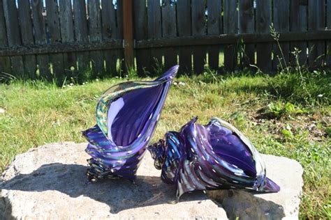 Hand Blown Seashell Handmade Glass Sea Conch Flat Bottom Display Holder Horn Sculpture Art
