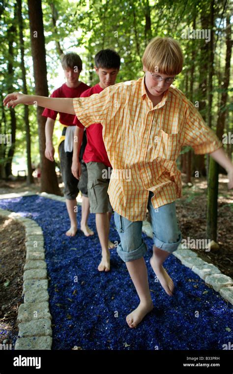 Kids Walking On Barefoot Path At Egestorf In Northern Germany Stock