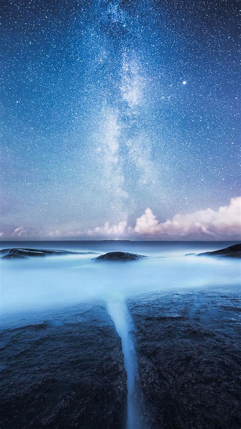 Download Wallpaper 1080x1920 Starry Sky Milky Way Shore Night