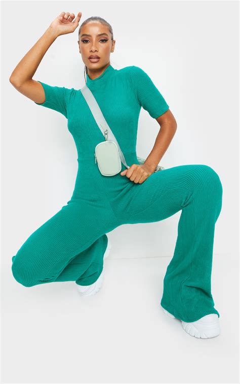 Emerald Green Brushed Rib High Neck Flared Jumpsuit Prettylittlething Aus