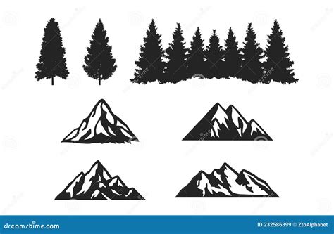 Mountain Pine Tree Silhouette Clipart Set Stock Vector Illustration