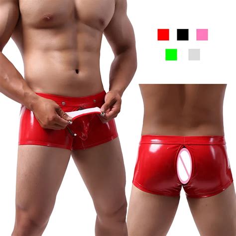 Купить Мужское нижнее белье Aiiou Sexy Gay Underwear Open Butt Mens Faux Leather Boxershorts