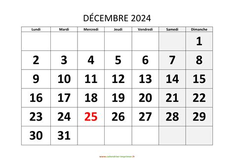 Calendrier Décembre 2024 à Imprimer