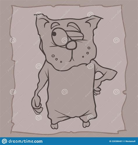 Monochrome Drawing Of A Cartoon Cat Squinting At One Eye Stock Vector