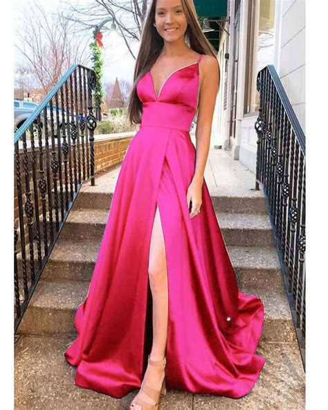 Hot Pink Long Prom Dress Senior Girls Graduation With Straps