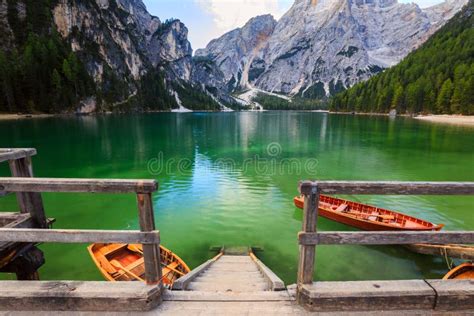 Boats On The Braies Lake Pragser Wildsee In Dolomites Mounta Stock