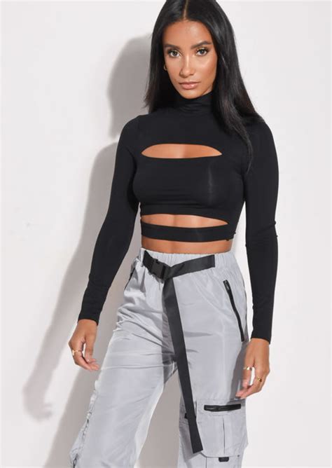 High Neck Cut Out Crop Top Black Lily Lulu