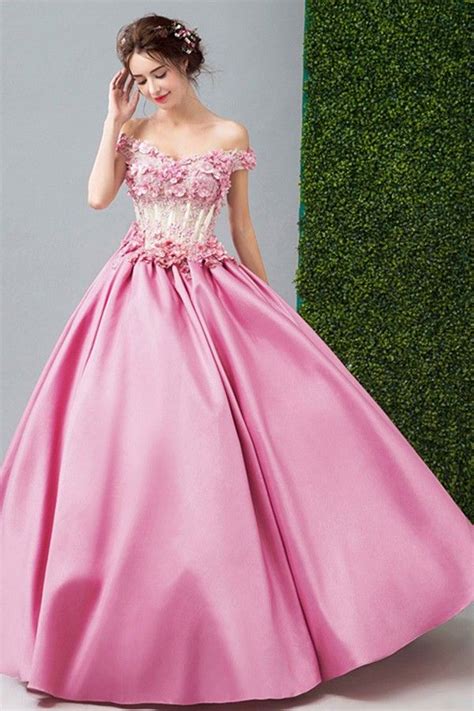 Fairy Ball Gown Off The Shoulder Pink Satin Petal Wedding Dress Bow