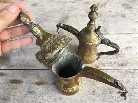 Pair Of Old Dallah Nizwa Arabic Coffee Pots Brass Copper Antique