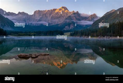 Spectacular Beautiful Sunrise Over The Alpine Lake Laghi Di Fusine In