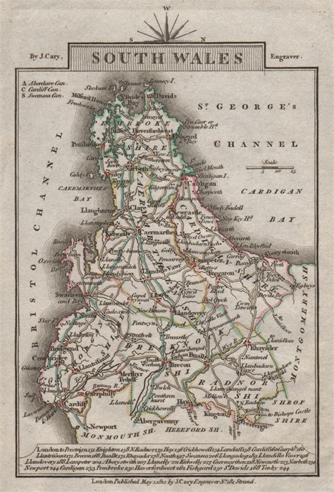 South Wales By John Cary Miniature Antique Map Original Colour 1812 Old