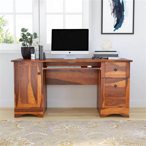 Gisela Solid Wood Computer Desk With Wooden Keyboard Tray