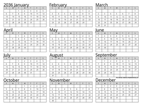 Full Year 2036 Calendar Template