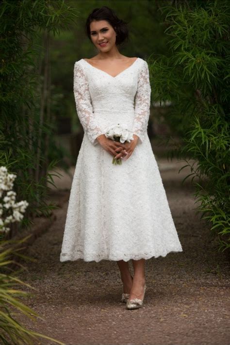 Gillian Tea Length Lace Wedding Dress With Long Sleeves By Timeless Chic