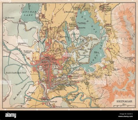 India Srinagar City And Environs Plan Kashmir 1929 Vintage Map Stock