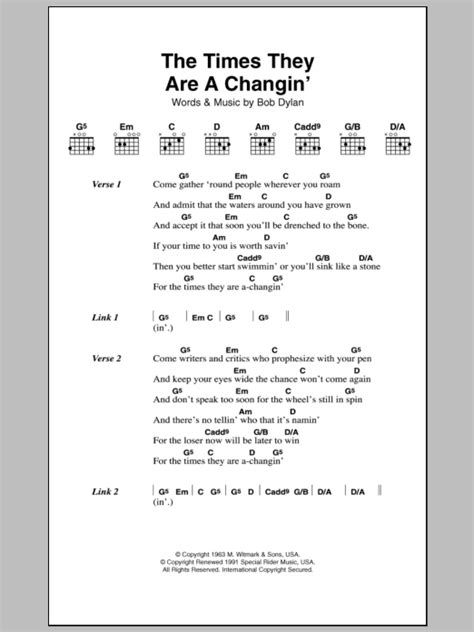 The Times They Are A Changin Sheet Music Bob Dylan