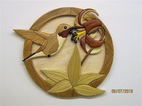 Hummingbird Wood Carved Wall Decor Intarsia Art By