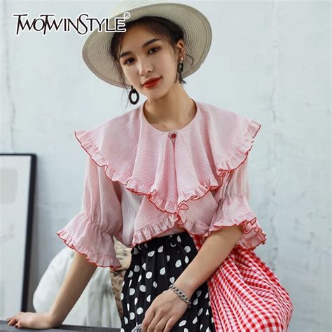 Twotwinstyle Striped Shirt For Women Lapel Collar Flare Sleeve Ruffles Big Size Blouse Top