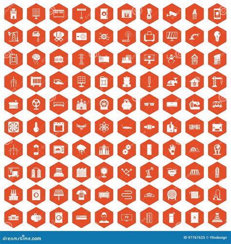 100 Electrical Engineering Icons Hexagon Orange Stock Vector