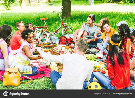 Group Friends Enjoying Picnic While Eating Drinking Red Wine Sitting