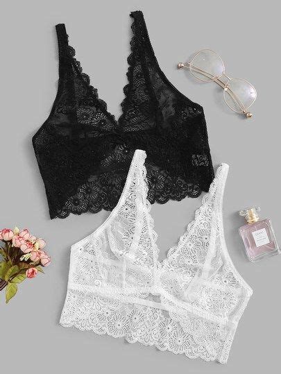 Scalloped Trim Floral Lace Bralette Set 2pack In 2020 Lace Bralette