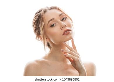 Beauty Portrait Brunette Halfnaked Woman Touching Stock Photo