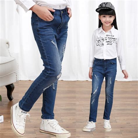 Retail Autumn Girls Jeans 2015 New Designer Polished Hole Children