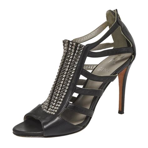 Gina Black Patent Leather Crystal Embellished Platform Sandals Size 37 For Sale At 1stdibs